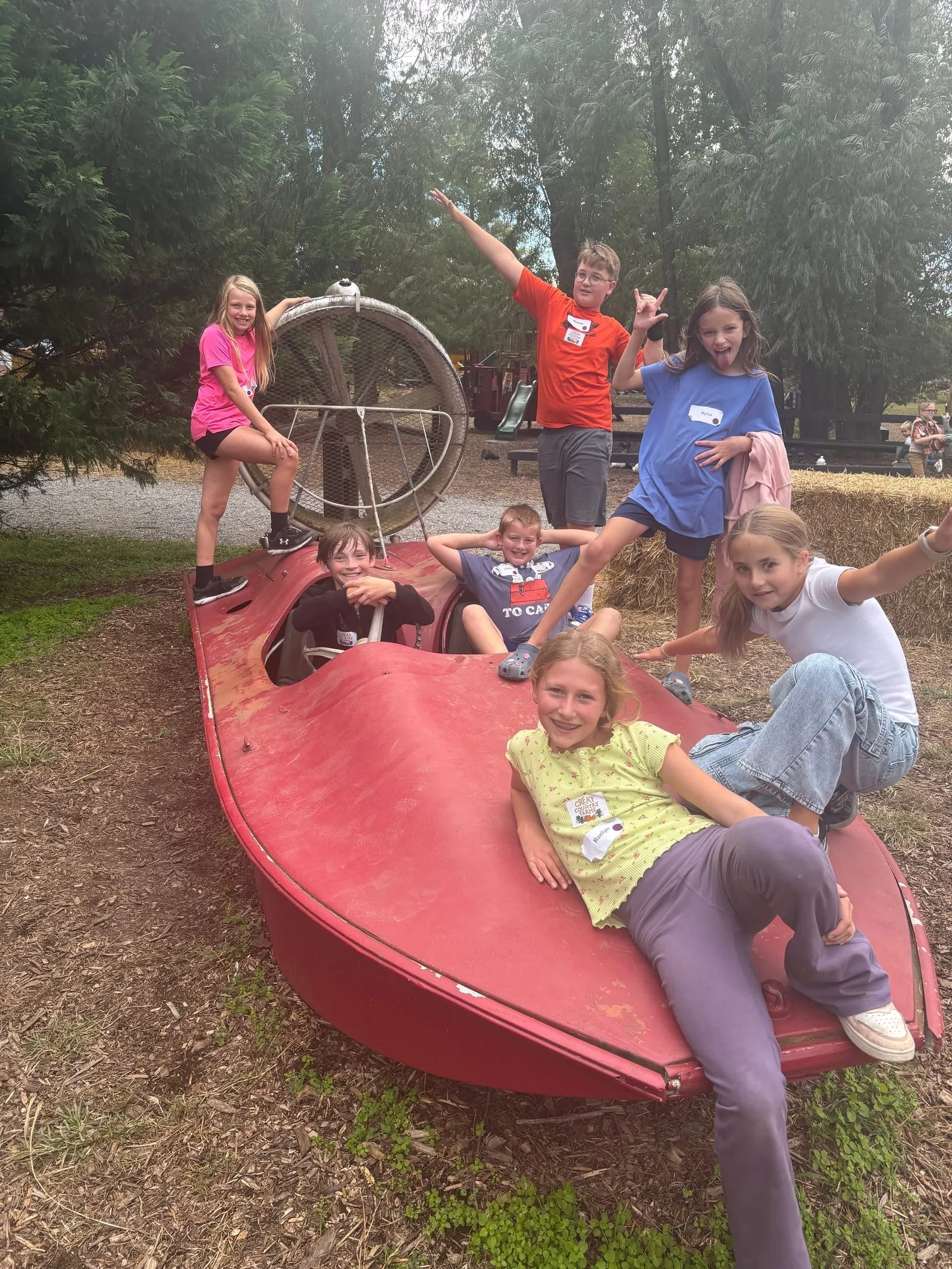 A group of students draped over and around a red play structure, clowning for the camera
